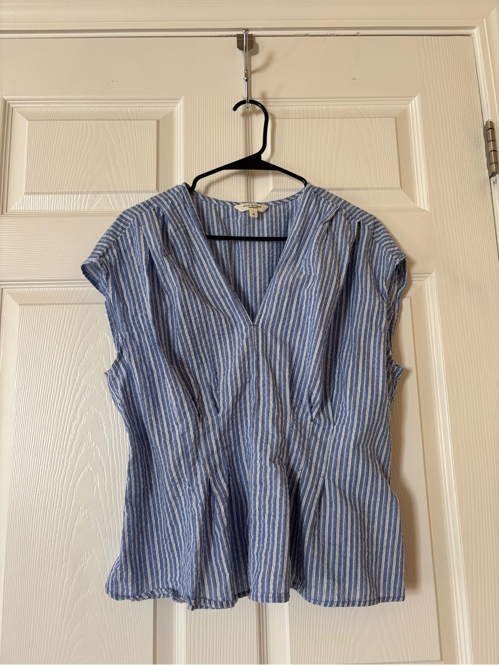 Max Studio Blue and White Striped V-Neck Peplum Top
